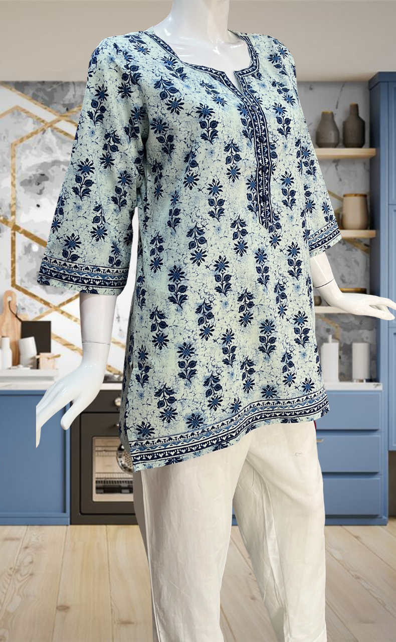 Blue Floral Jaipur Cotton Short Kurti. Pure Versatile Cotton. | Laces and Frills - Laces and Frills