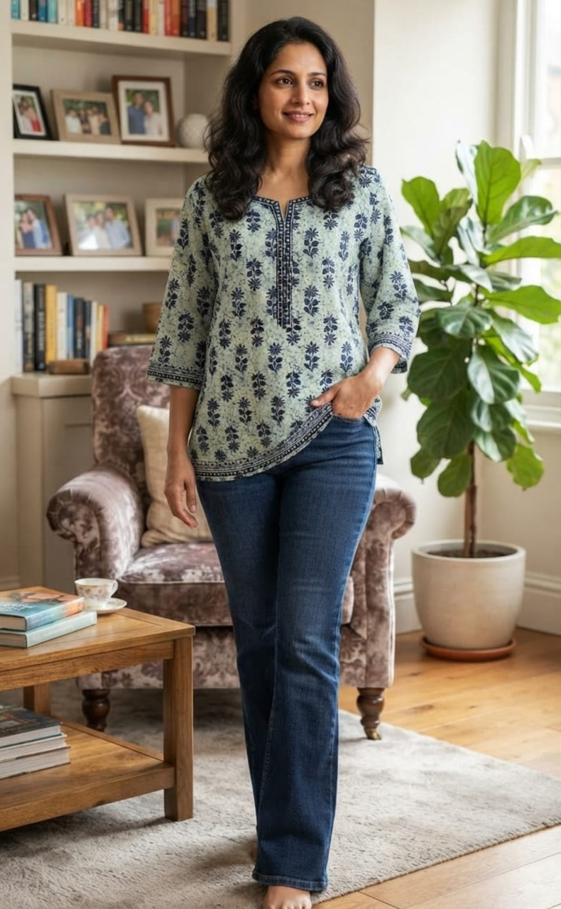 Blue Floral Jaipur Cotton Short Kurti. Pure Versatile Cotton. | Laces and Frills
