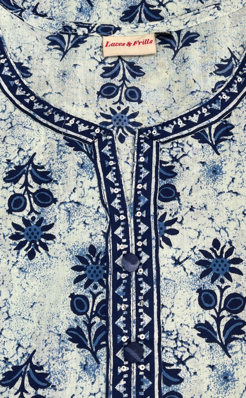 Blue Floral Jaipur Cotton Short Kurti. Pure Versatile Cotton. | Laces and Frills - Laces and Frills