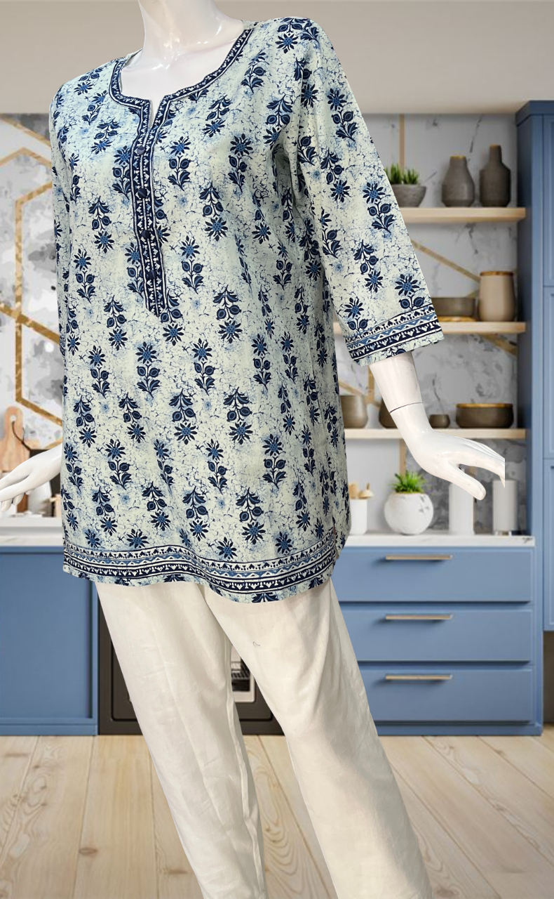 Blue Floral Jaipur Cotton Short Kurti. Pure Versatile Cotton. | Laces and Frills - Laces and Frills