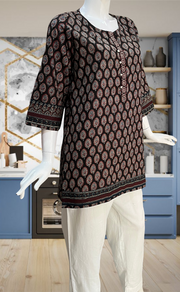 Black Leafy Jaipur Cotton Short Kurti. Pure Versatile Cotton. | Laces and Frills - Laces and Frills