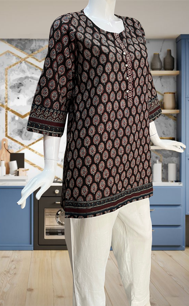 Black Leafy Jaipur Cotton Short Kurti. Pure Versatile Cotton. | Laces and Frills - Laces and Frills