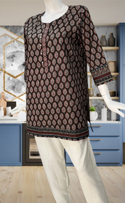 Black Leafy Jaipur Cotton Short Kurti. Pure Versatile Cotton. | Laces and Frills - Laces and Frills