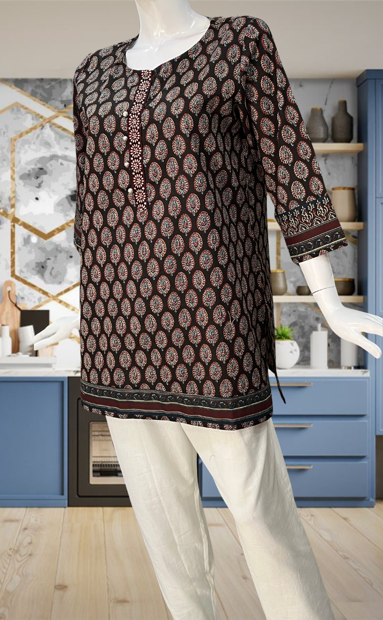 Black Leafy Jaipur Cotton Short Kurti. Pure Versatile Cotton. | Laces and Frills - Laces and Frills