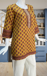 Mustard Floral Jaipur Cotton Short Kurti. Pure Versatile Cotton. | Laces and Frills - Laces and Frills