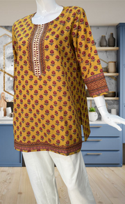 Mustard Floral Jaipur Cotton Short Kurti. Pure Versatile Cotton. | Laces and Frills - Laces and Frills