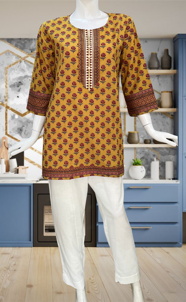 Mustard Floral Jaipur Cotton Short Kurti. Pure Versatile Cotton. | Laces and Frills - Laces and Frills