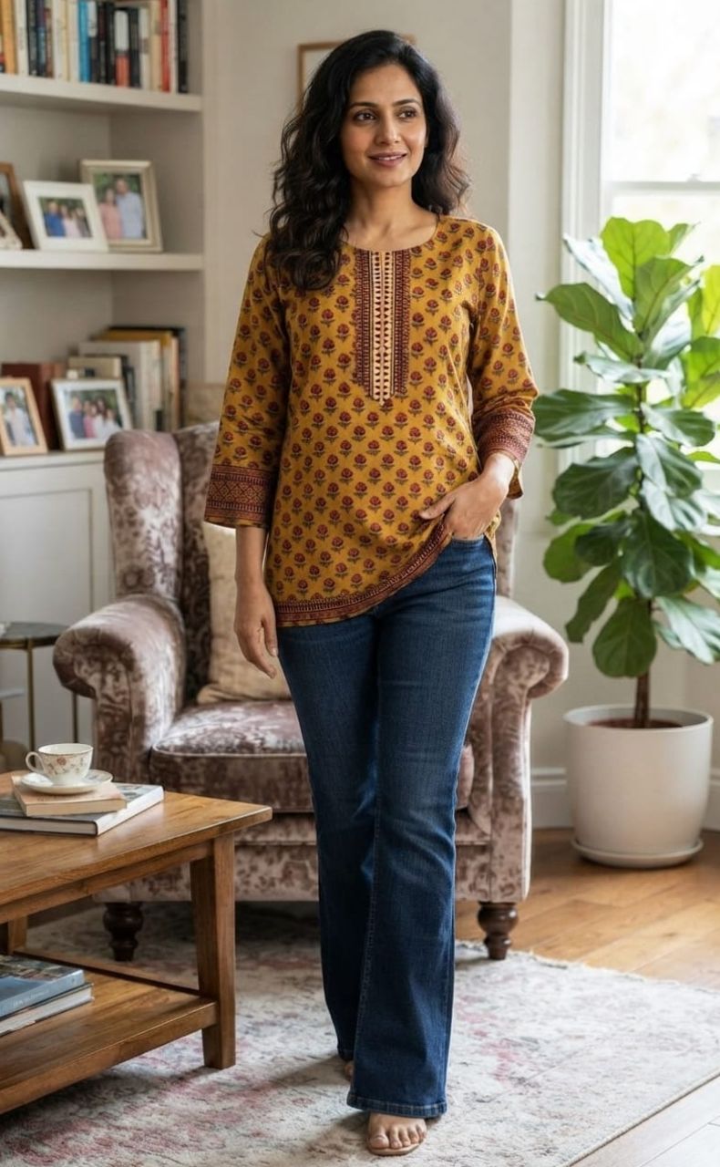 Mustard Floral Jaipur Cotton Short Kurti. Pure Versatile Cotton. | Laces and Frills