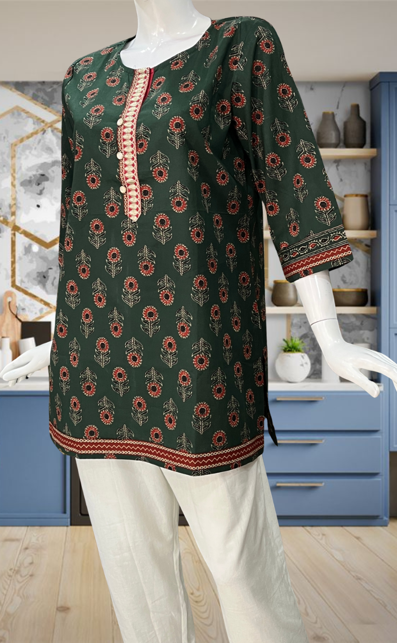 Bottle Green Floral Jaipur Cotton Short Kurti. Pure Versatile Cotton. | Laces and Frills - Laces and Frills