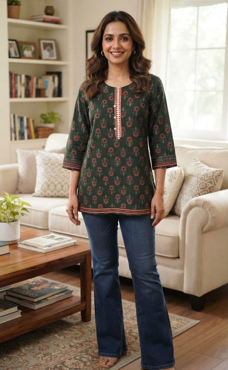 Bottle Green Floral Jaipur Cotton Short Kurti. Pure Versatile Cotton. | Laces and Frills