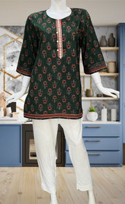 Bottle Green Floral Jaipur Cotton Short Kurti. Pure Versatile Cotton. | Laces and Frills - Laces and Frills