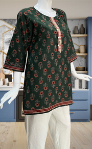 Bottle Green Floral Jaipur Cotton Short Kurti. Pure Versatile Cotton. | Laces and Frills - Laces and Frills