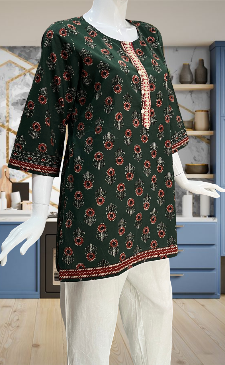 Bottle Green Floral Jaipur Cotton Short Kurti. Pure Versatile Cotton. | Laces and Frills - Laces and Frills