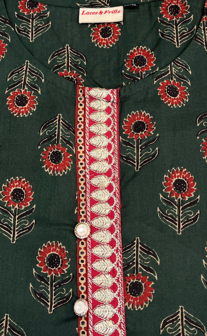 Bottle Green Floral Jaipur Cotton Short Kurti. Pure Versatile Cotton. | Laces and Frills - Laces and Frills