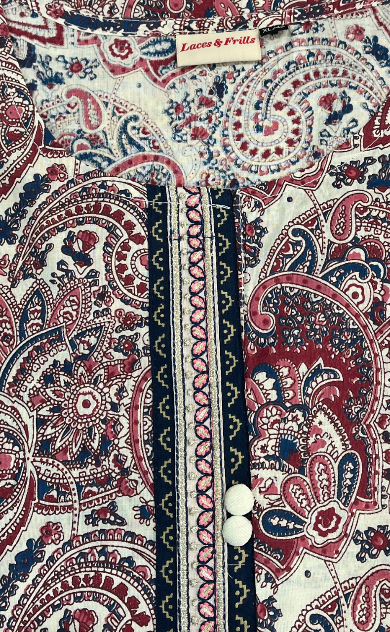 Off White/Peach Paisley Print Jaipur Cotton Short Kurti. Pure Versatile Cotton. | Laces and Frills - Laces and Frills