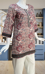 Off White/Peach Paisley Print Jaipur Cotton Short Kurti. Pure Versatile Cotton. | Laces and Frills - Laces and Frills
