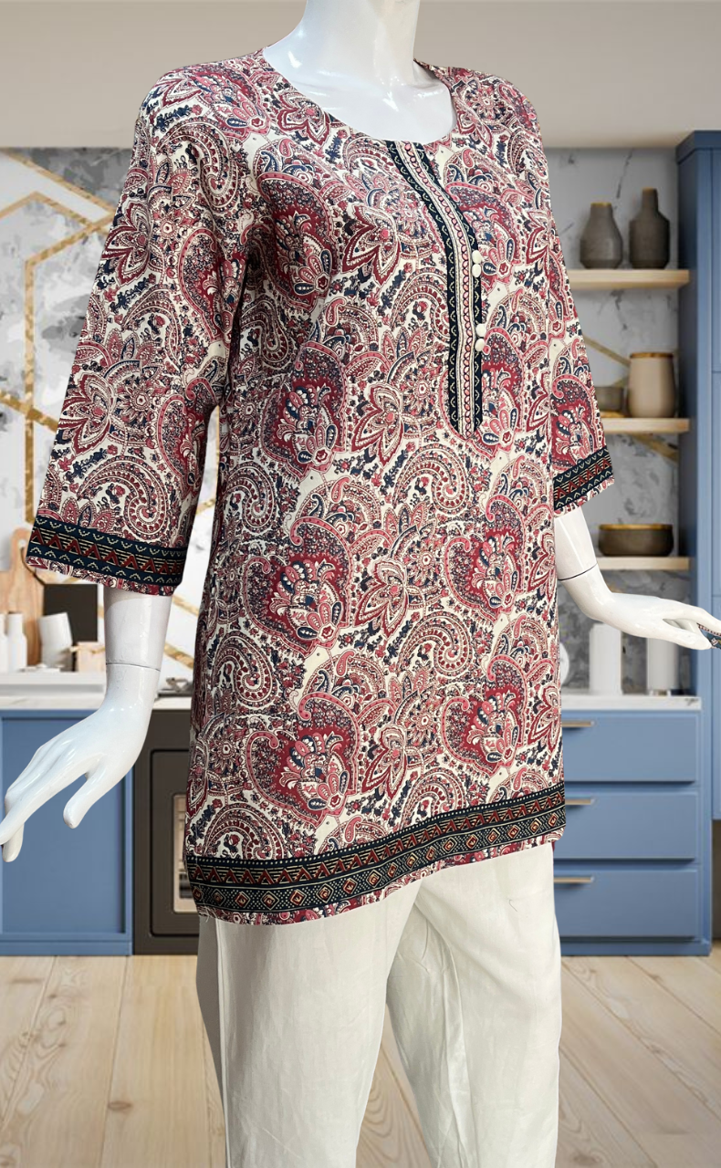 Off White/Peach Paisley Print Jaipur Cotton Short Kurti. Pure Versatile Cotton. | Laces and Frills - Laces and Frills