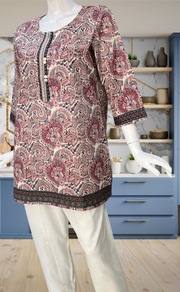 Off White/Peach Paisley Print Jaipur Cotton Short Kurti. Pure Versatile Cotton. | Laces and Frills - Laces and Frills