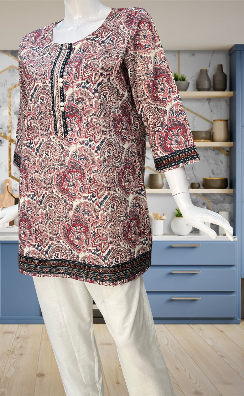 Off White/Peach Paisley Print Jaipur Cotton Short Kurti. Pure Versatile Cotton. | Laces and Frills - Laces and Frills