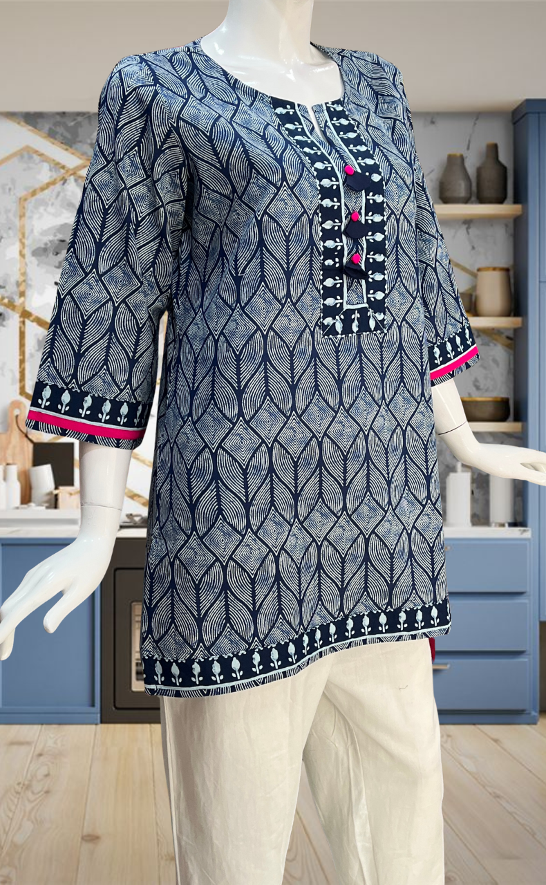 Navy Blue Abstract Jaipur Cotton Short Kurti. Pure Versatile Cotton. | Laces and Frills - Laces and Frills