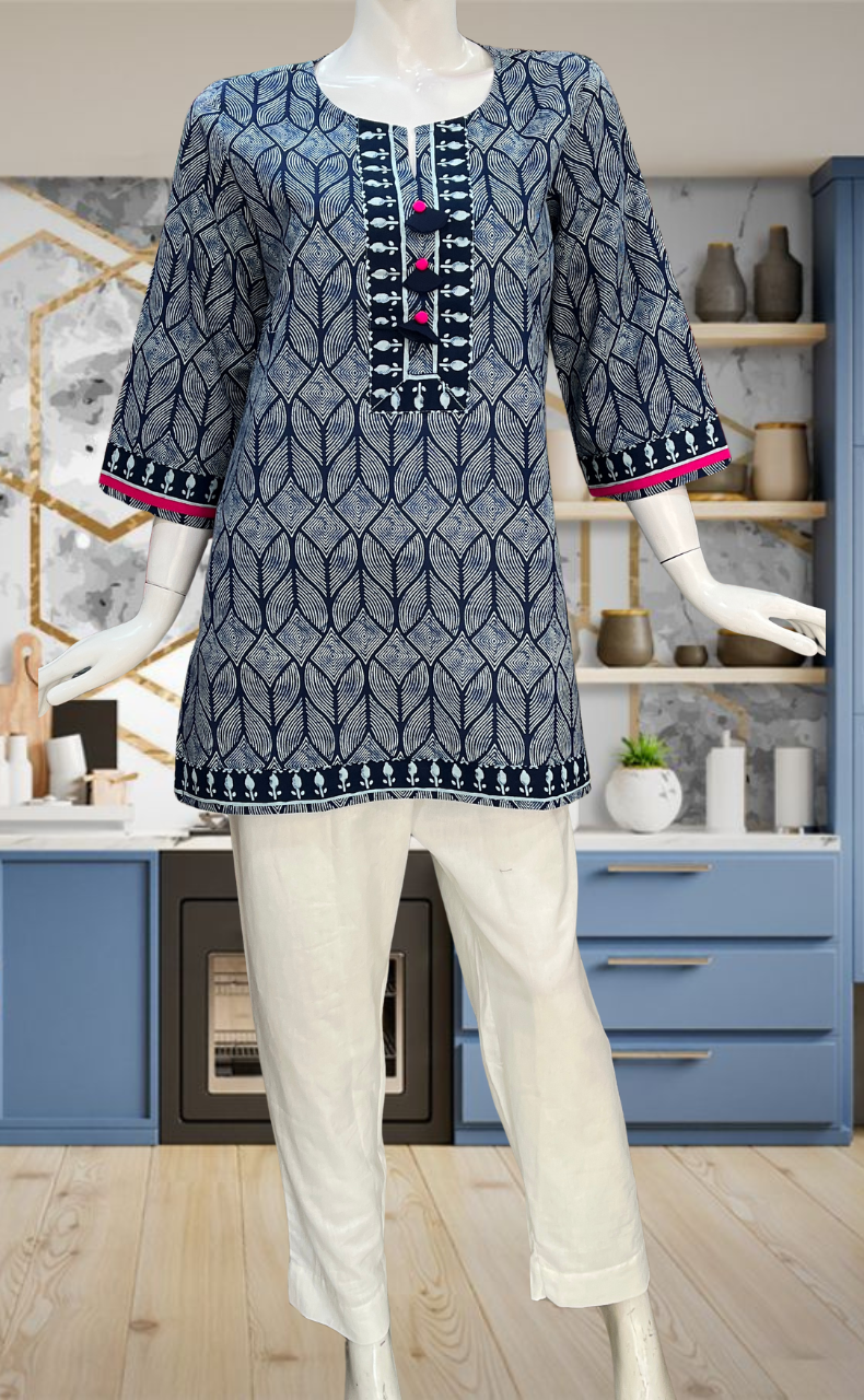 Navy Blue Abstract Jaipur Cotton Short Kurti. Pure Versatile Cotton. | Laces and Frills - Laces and Frills