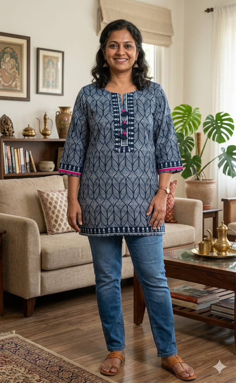 Navy Blue Abstract Jaipur Cotton Short Kurti. Pure Versatile Cotton. | Laces and Frills - Laces and Frills