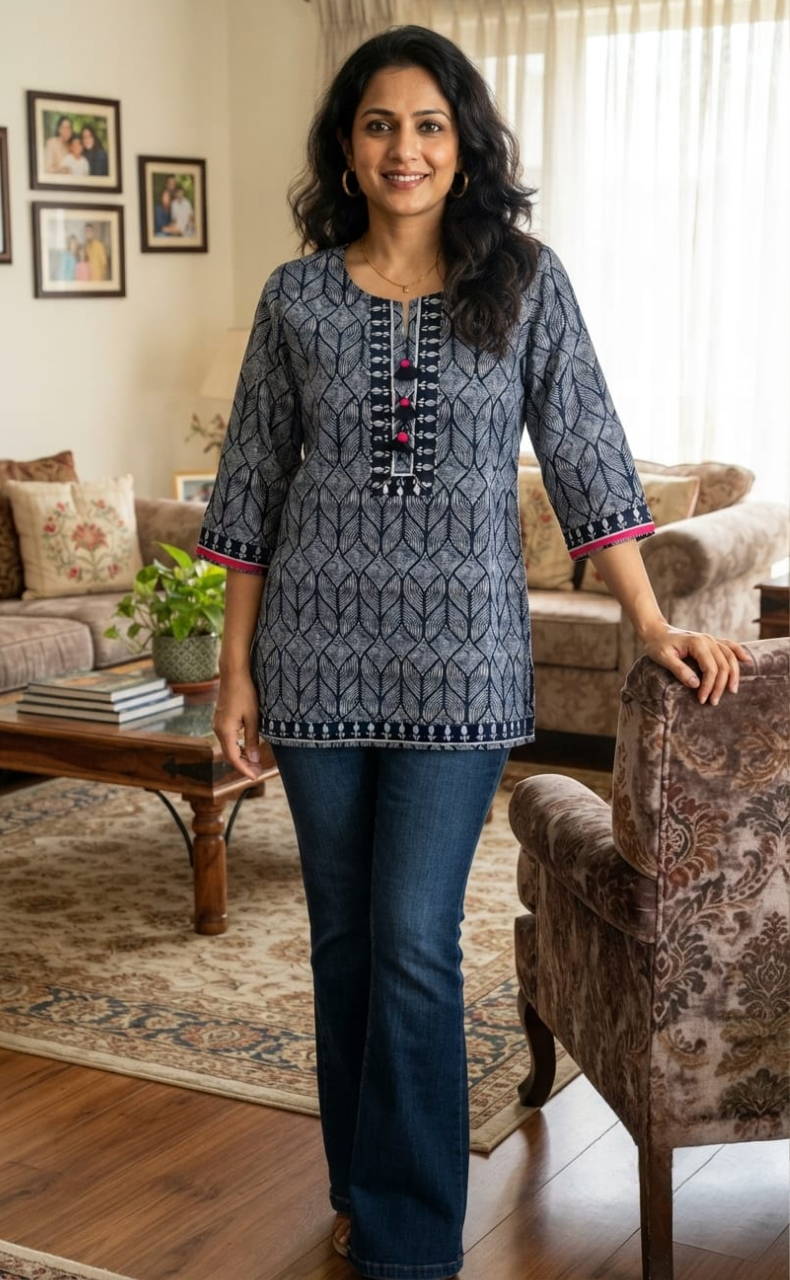 Navy Blue Abstract Jaipur Cotton Short Kurti. Pure Versatile Cotton. | Laces and Frills