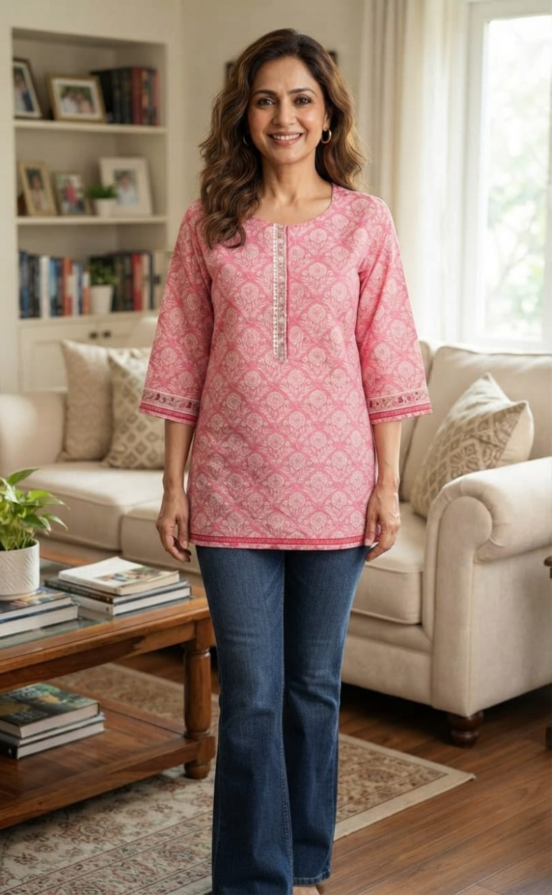 Pink Garden Jaipur Cotton Short Kurti. Pure Versatile Cotton. | Laces and Frills
