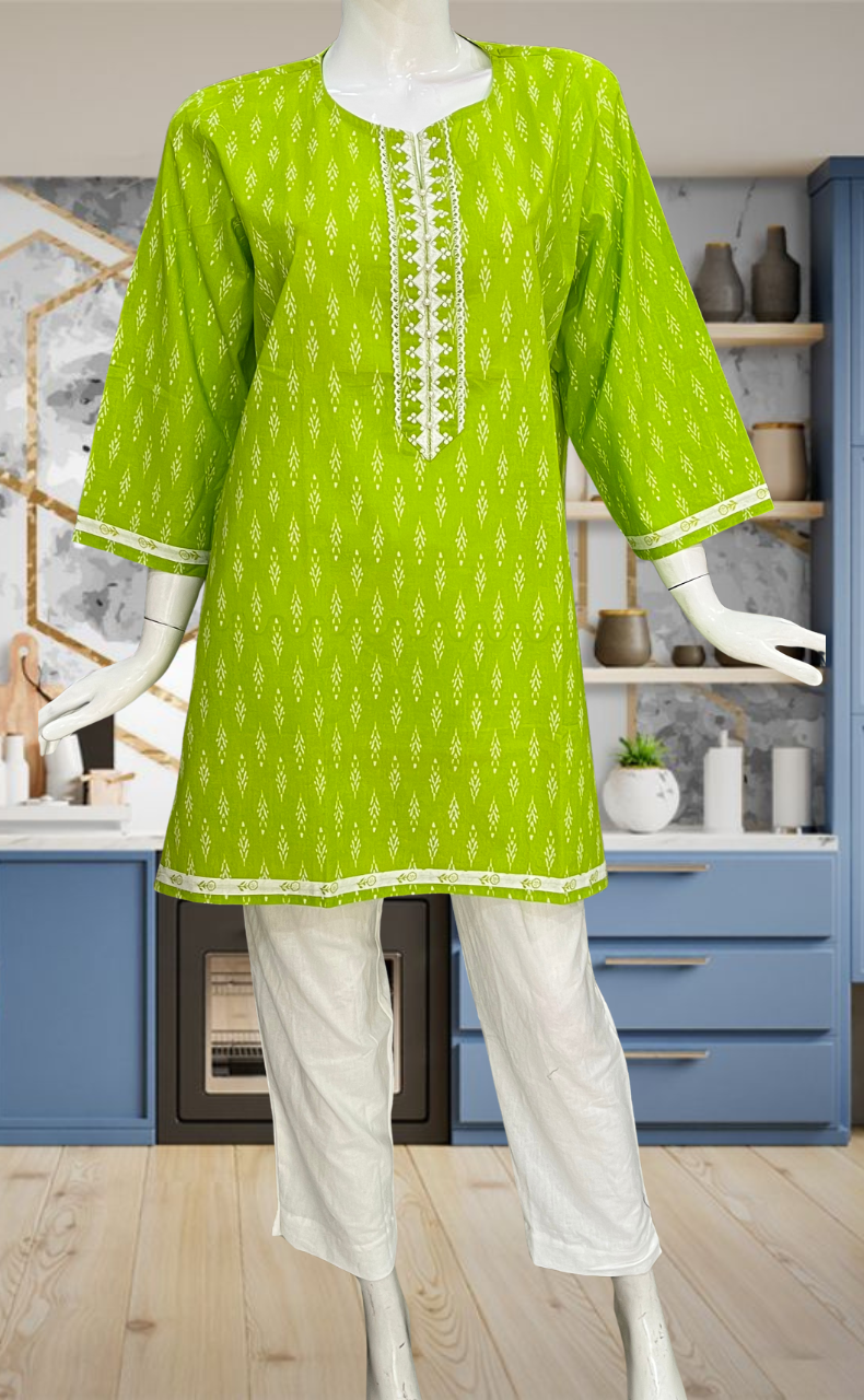 Green Leafy Jaipur Cotton Short Kurti. Pure Versatile Cotton. | Laces and Frills