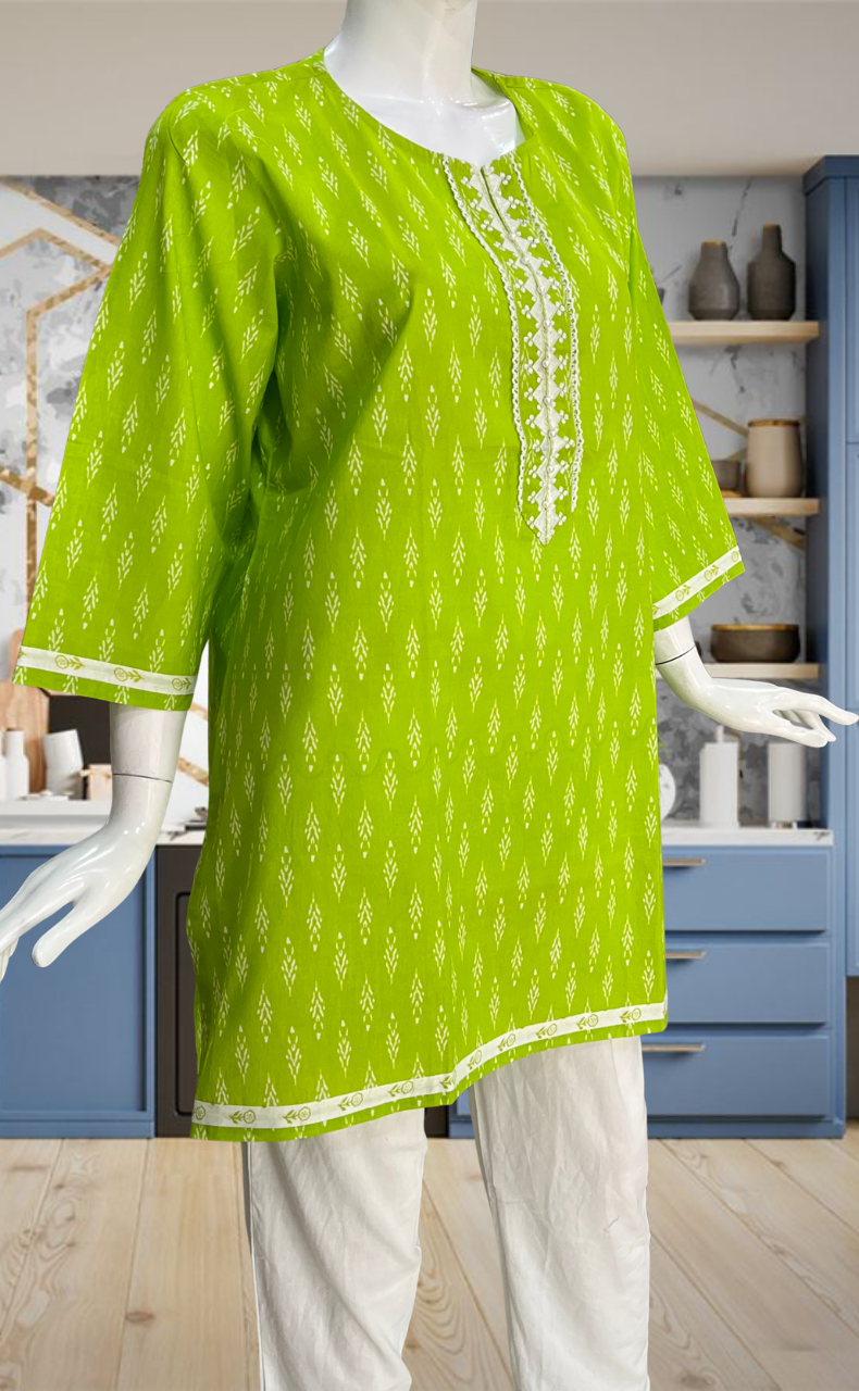 Green Leafy Jaipur Cotton Short Kurti. Pure Versatile Cotton. | Laces and Frills