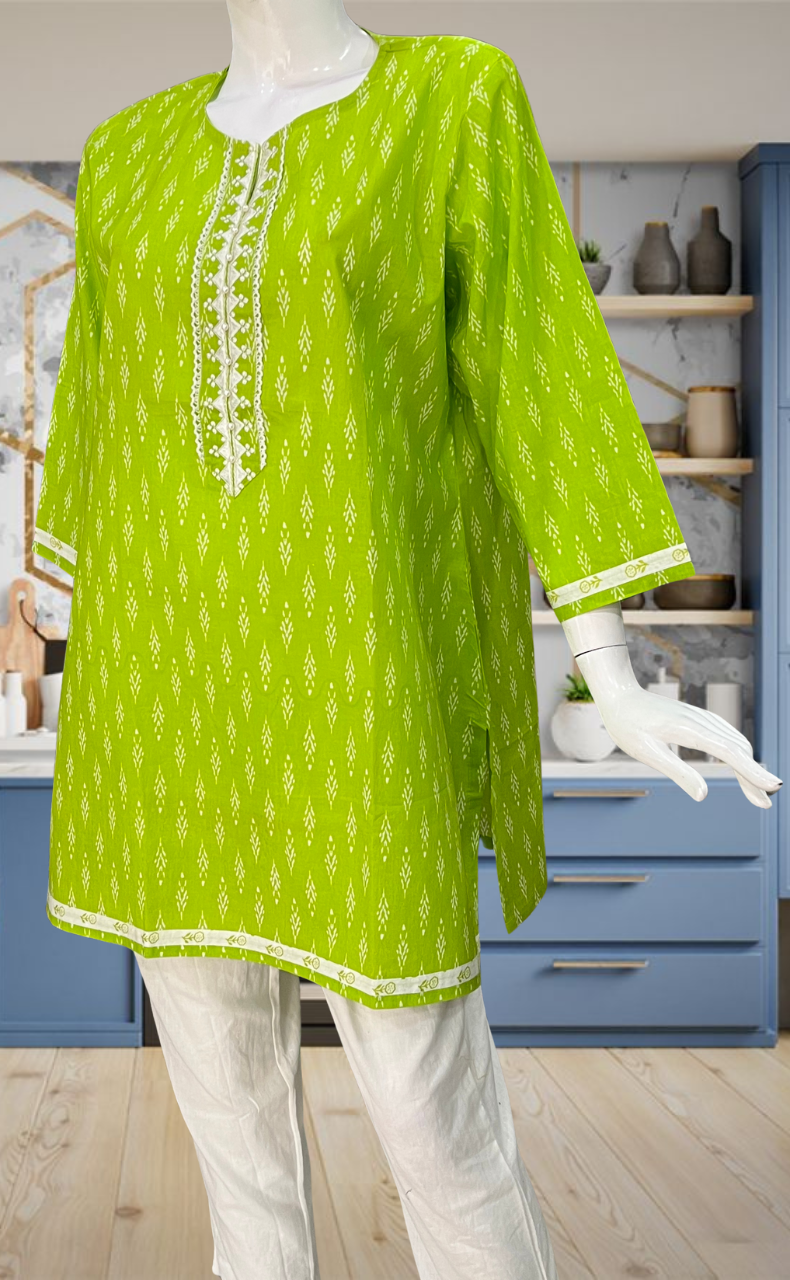 Green Leafy Jaipur Cotton Short Kurti. Pure Versatile Cotton. | Laces and Frills