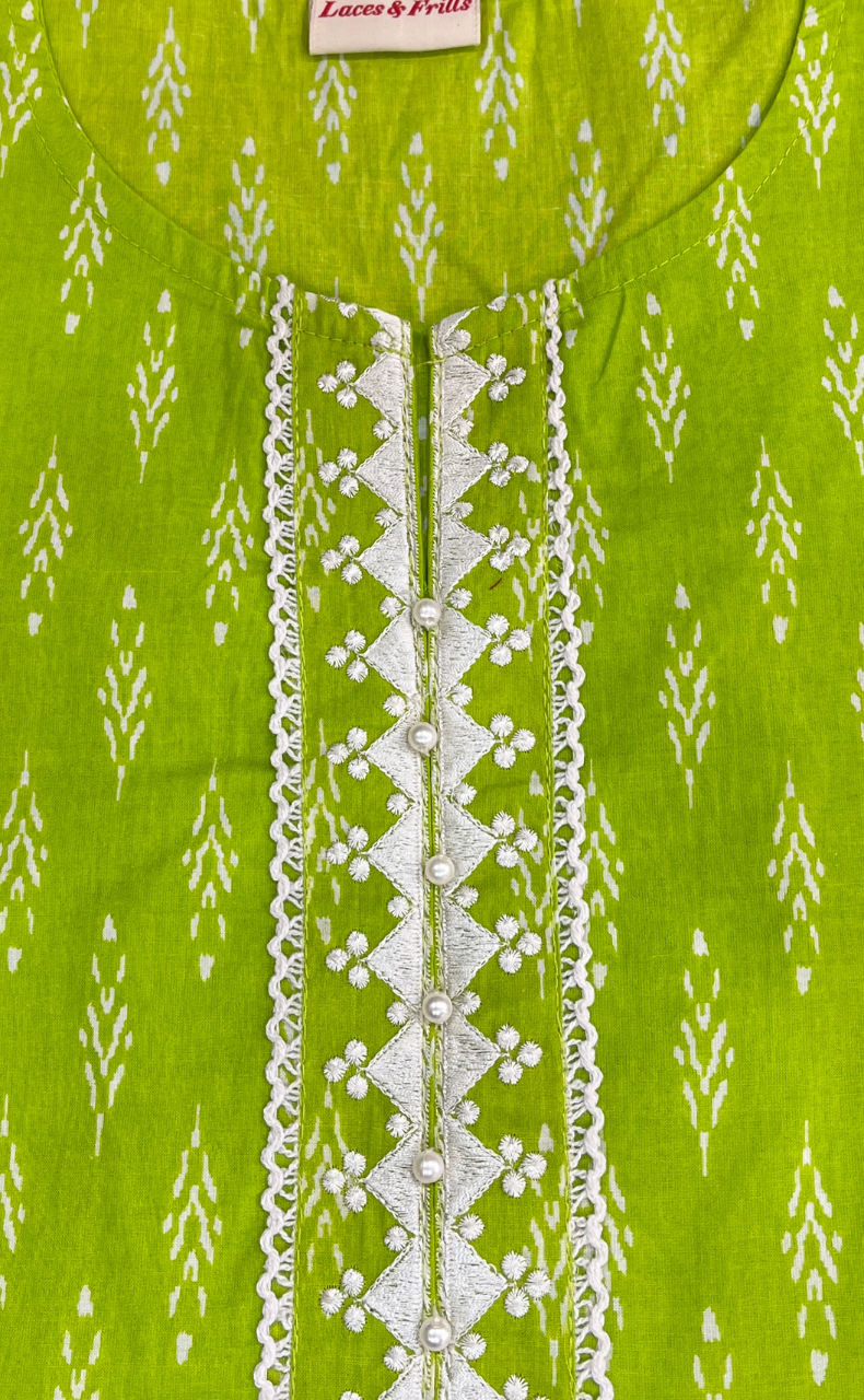 Green Leafy Jaipur Cotton Short Kurti. Pure Versatile Cotton. | Laces and Frills