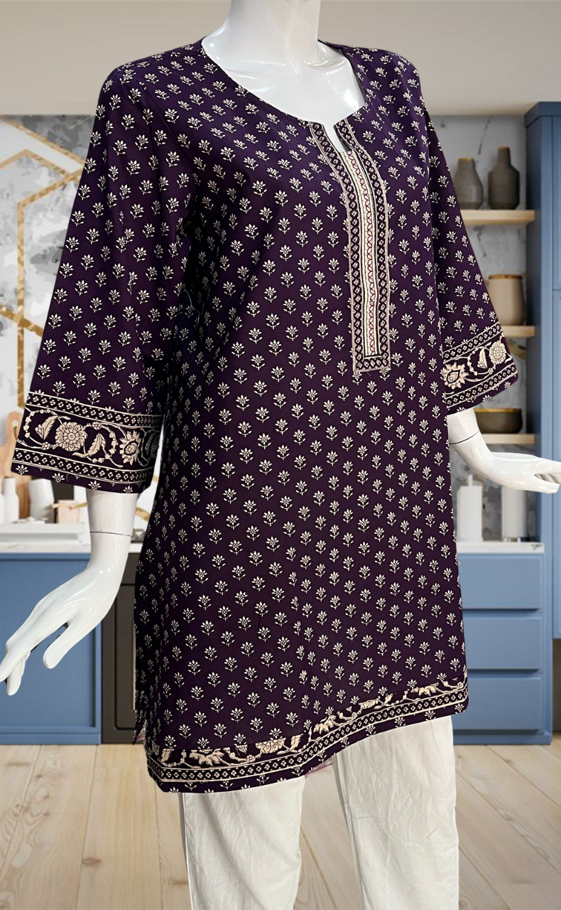 Violet Tiny Flora Jaipur Cotton Short Kurti. Pure Versatile Cotton. | Laces and Frills