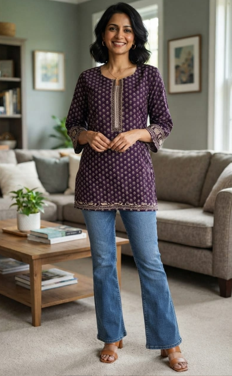 Violet Tiny Flora Jaipur Cotton Short Kurti. Pure Versatile Cotton. | Laces and Frills