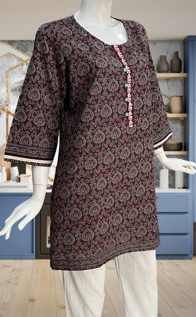 Dark Wine Jaipur Cotton Short Kurti. Pure Versatile Cotton. | Laces and Frills