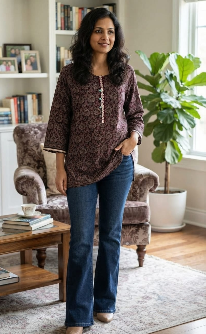 Dark Wine Ethnic Print Jaipur Cotton Short Kurti. Pure Versatile Cotton. | Laces and Frills