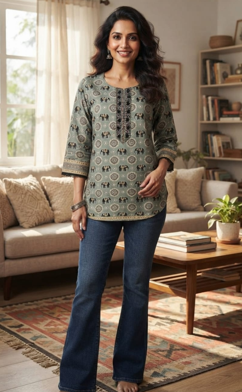 Pista Green Ethnic Print Jaipur Cotton Short Kurti. Pure Versatile Cotton. | Laces and Frills