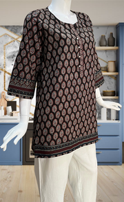 Black Leafy Jaipur Cotton Short Kurti. Pure Versatile Cotton. | Laces and Frills