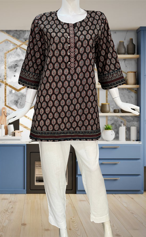 Black Leafy Jaipur Cotton Short Kurti. Pure Versatile Cotton. | Laces and Frills