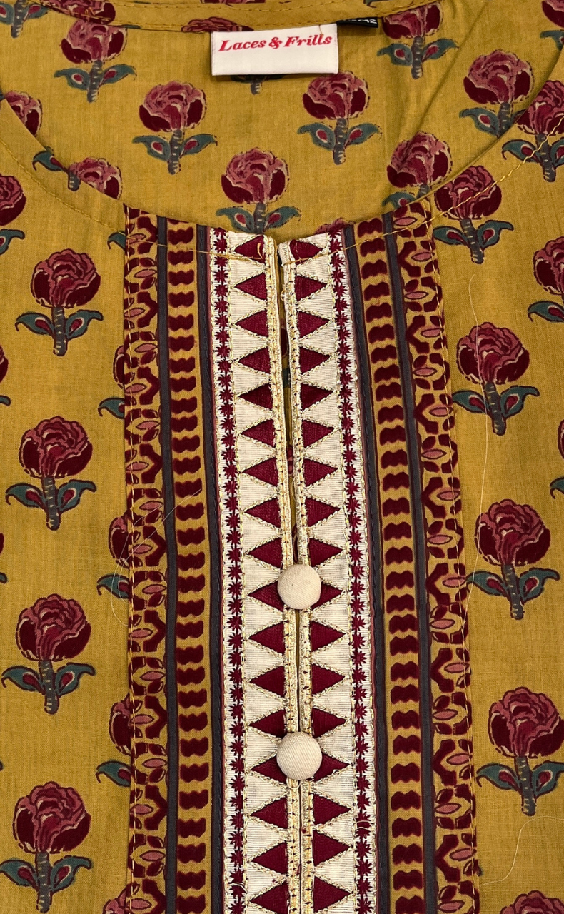 Mustard Floral Jaipur Cotton Short Kurti. Pure Versatile Cotton. | Laces and Frills