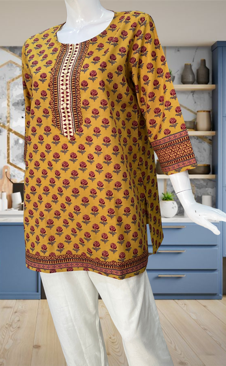 Mustard Floral Jaipur Cotton Short Kurti. Pure Versatile Cotton. | Laces and Frills