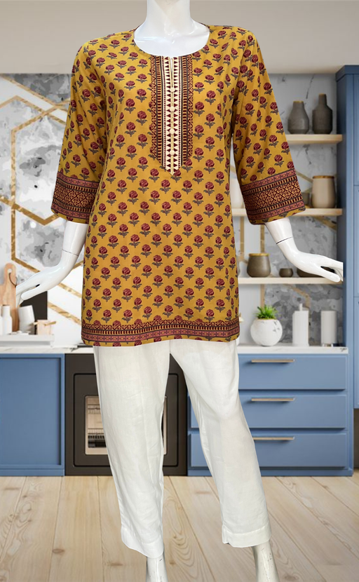 Mustard Floral Jaipur Cotton Short Kurti. Pure Versatile Cotton. | Laces and Frills