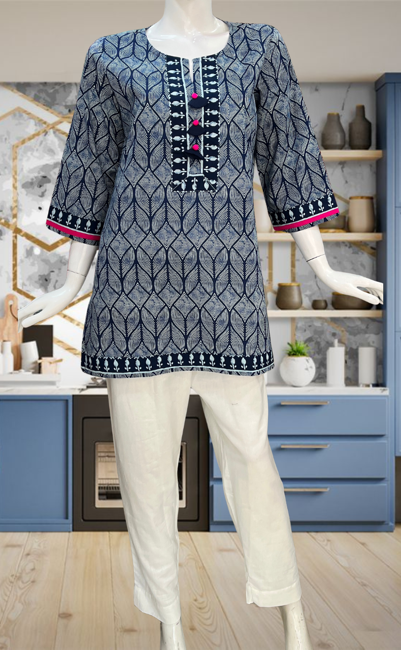 Blue Abstract Jaipur Cotton Short Kurti. Pure Versatile Cotton. | Laces and Frills