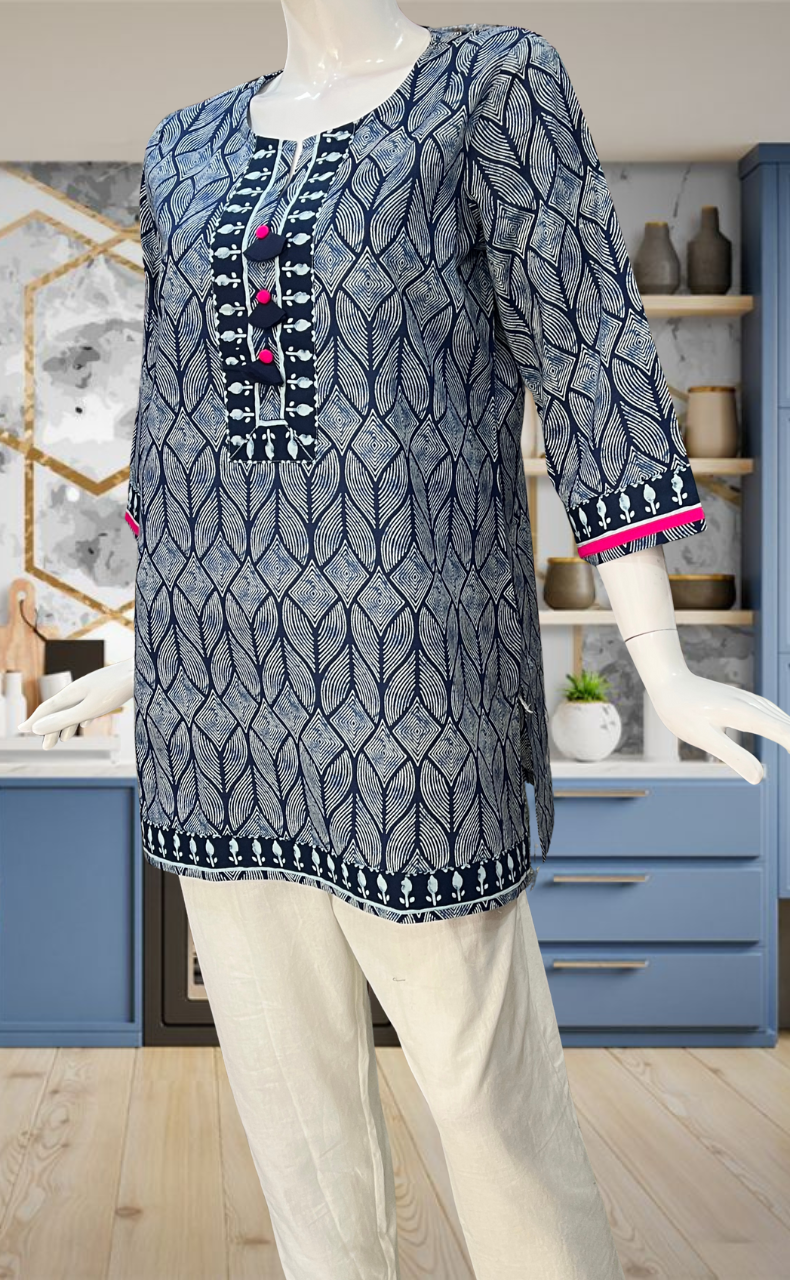Blue Abstract Jaipur Cotton Short Kurti. Pure Versatile Cotton. | Laces and Frills