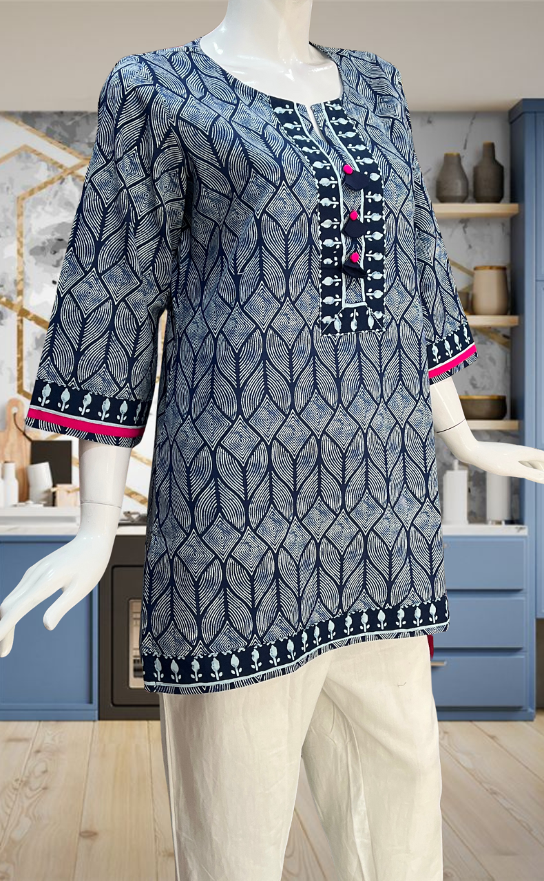 Blue Abstract Jaipur Cotton Short Kurti. Pure Versatile Cotton. | Laces and Frills