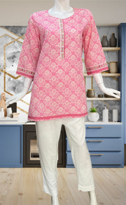 Baby Pink Floral Jaipur Cotton Short Kurti. Pure Versatile Cotton. | Laces and Frills