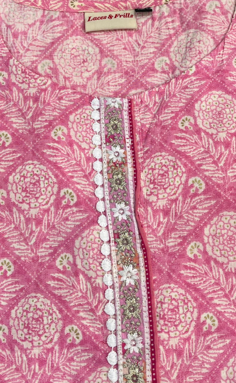 Baby Pink Floral Jaipur Cotton Short Kurti. Pure Versatile Cotton. | Laces and Frills