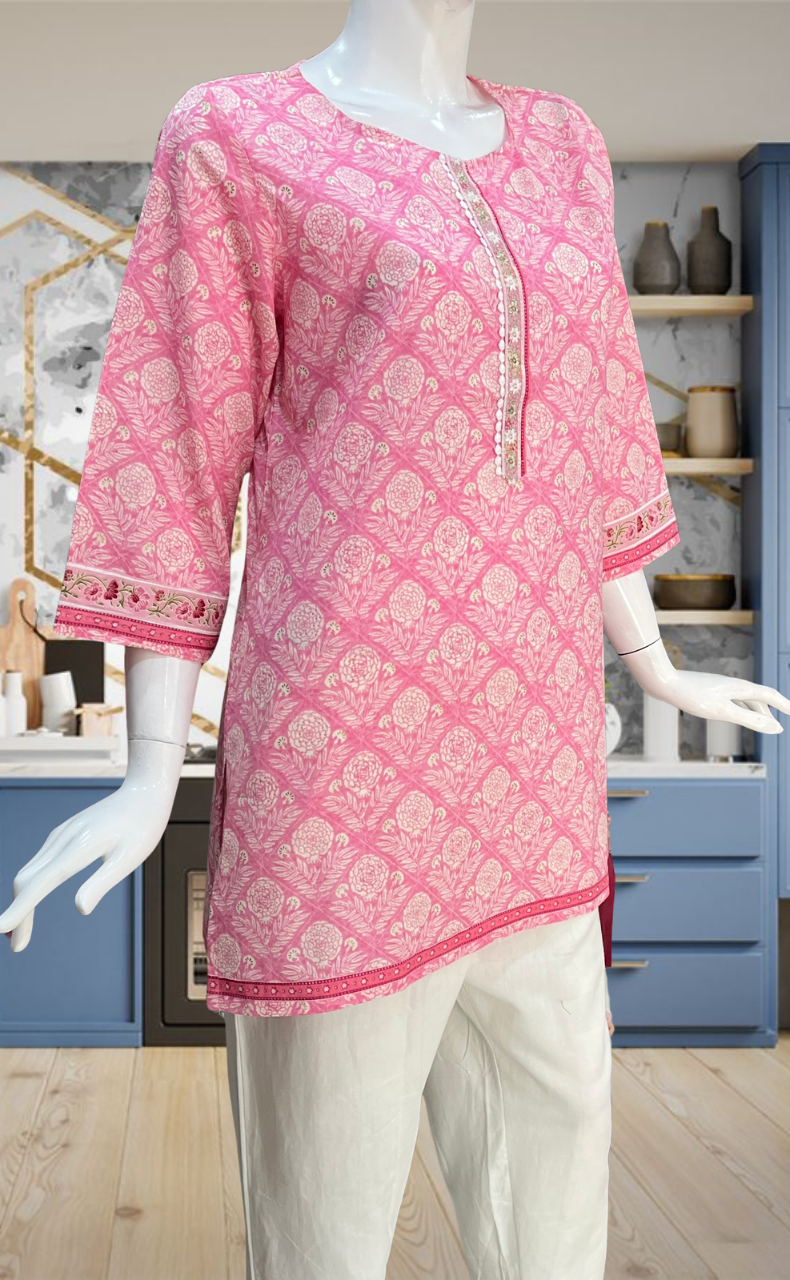 Baby Pink Floral Jaipur Cotton Short Kurti. Pure Versatile Cotton. | Laces and Frills