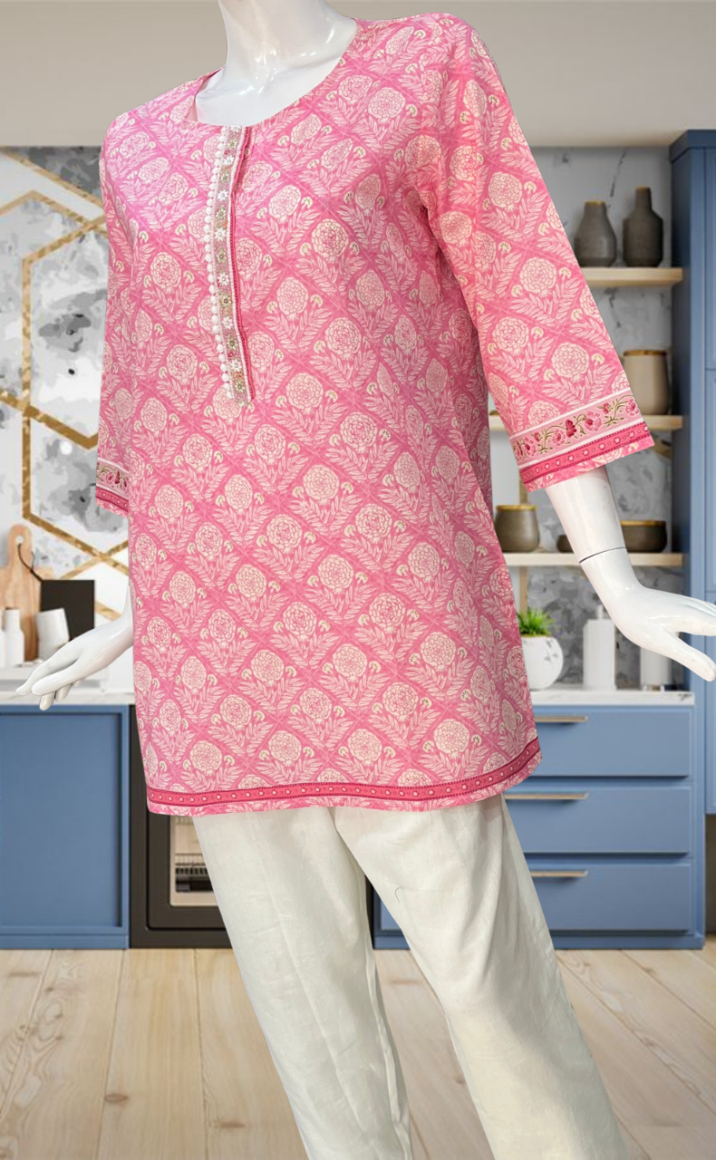 Baby Pink Floral Jaipur Cotton Short Kurti. Pure Versatile Cotton. | Laces and Frills