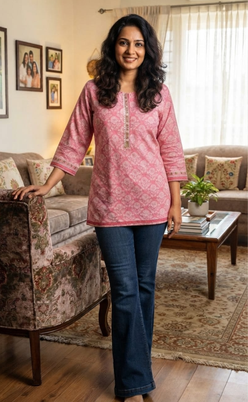 Baby Pink Floral Jaipur Cotton Short Kurti. Pure Versatile Cotton. | Laces and Frills